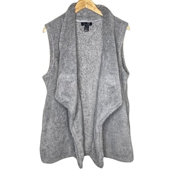 ⭐️TEDDY VEST OVERSIZED GREY OPEN FRONT FUZZY FLEECE FURRY SMALL Rene Rofe - Picture 2 of 4